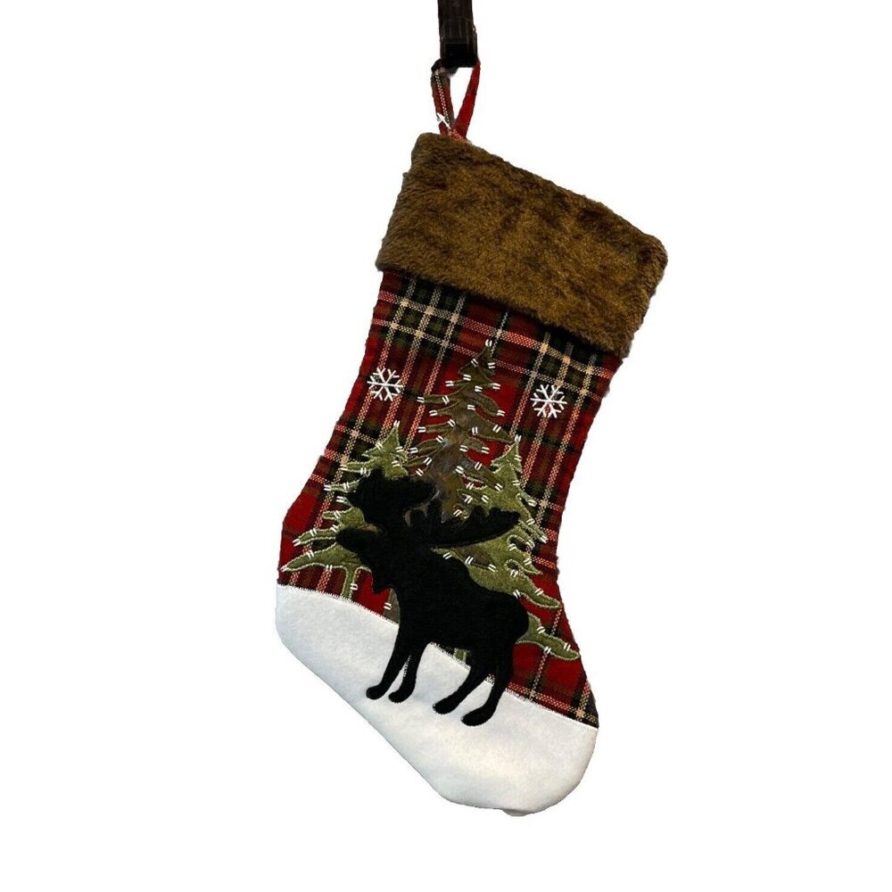 Black Moose Christmas Tree Stocking Red Plaid Country‎ Rustic Cabin NEW 17.5”